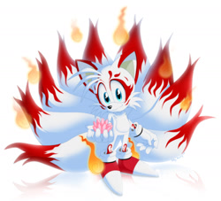 Size: 2400x2175 | Tagged: safe, artist:montyth, miles "tails" prower, fire, flames, flower, gloves, kitsune, lily (flower), multi tails, nine tails, red tipped tail, reflection, simple background, sneakers, white background, white fur, white gloves