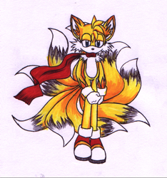 Size: 837x896 | Tagged: safe, artist:shadobabe, miles "tails" prower, black fur, brown tipped ears, gloves, kitsune, lidded eyes, nine tails, no mouth, red scarf, redesign, scarf, simple background, solo, white background