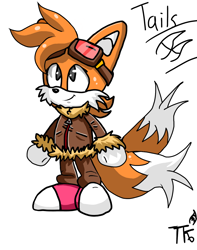 Size: 1080x1374 | Tagged: safe, artist:taeko, miles "tails" prower, aviator jacket, character name, classic, classic style, classic tails, cute, english text, gender swap, gloves, goggles, jacket, looking up, mobius.social exclusive, orange fur, pants, signature, simple background, smile, solo, tailabetes, zip