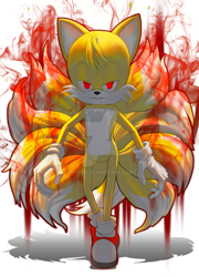 Size: 1024x1419 | Tagged: semi-grimdark, artist:soft11, miles "tails" prower, blood, clenched teeth, evil, evil tails, glowing eyes, kitsune, looking at viewer, red eyes, simple background, transparent background, walking, watermark