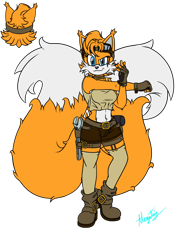 Size: 1024x1366 | Tagged: safe, artist:alegatius, miles "tails" prower, belt, boots, buckle, fingerless gloves, flat colors, gender swap, goggles, signature, simple background, solo, spanner, transparent background