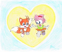 Size: 596x496 | Tagged: safe, artist:bitchwolf, amy rose, miles "tails" prower, fox, hedgehog, amy's classic dress, classic amy, classic tails, half r63 shipping, happy, heart, holding hands, lesbian, pencilwork, shipping, signature, tailamy