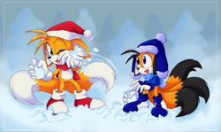 Size: 2500x1489 | Tagged: safe, artist:montyth, miles "tails" prower, oc, oc:tony the fox, christmas, christmas outfit, floppy ears, scarf, snow, snowball, snowball fight, three tails