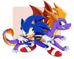 Size: 1800x1433 | Tagged: safe, artist:montyth, sonic the hedgehog, abstract background, crossover, duo, looking at each other, male, males only, spyro the dragon