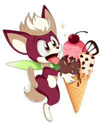 Size: 1300x1591 | Tagged: safe, artist:montyth, chip, cherry, flapping wings, flying, ice cream, simple background, solo, sparkles, tongue out, transparent background