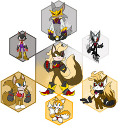 Size: 540x577 | Tagged: safe, artist:araeofsunshine, infinite the jackal, miles "tails" prower, oc, oc:grimm, abstract background, fusion:infinite, fusion:oc, fusion:tails, group, hexafusion, white background