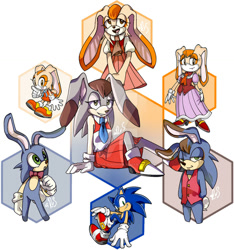 Size: 1024x1095 | Tagged: safe, artist:that-rae-of-sunshine, cream the rabbit, sonic the hedgehog, vanilla the rabbit, oc, oc:coty, oc:icing, oc:ictey, oc:peter, hybrid, abstract background, fusion:cream, fusion:sonic, fusion:vanilla, group, hexafusion, watermark, white background