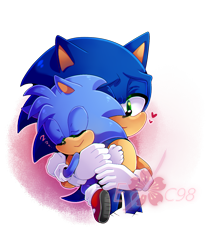 Size: 1436x1696 | Tagged: safe, artist:e-c98, sonic the hedgehog, oc, oc:monty the hedgehog, abstract background, brothers, cute, hearts, holding them, semi-transparent background, sleeping, watermark, zzz