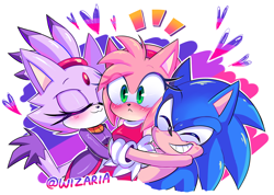 Size: 2836x2016 | Tagged: safe, artist:wizaria, amy rose, blaze the cat, sonic the hedgehog, hedgehog, amy x blaze, amy x sonic, bisexual, blushing, hearts, hugging, lesbian, love triangle, polyamory, shipping, signature, sonazamy, straight
