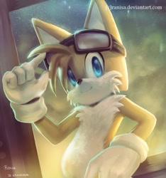 Size: 922x983 | Tagged: safe, artist:ranisa, miles "tails" prower, goggles, no outlines, signature, solo