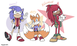 Size: 500x302 | Tagged: artist needed, source needed, safe, knuckles the echidna, miles "tails" prower, sonic the hedgehog, abstract background, character name, gender swap, signature, smile, standing, team sonic, trio, v sign