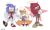 Size: 500x302 | Tagged: artist needed, source needed, safe, knuckles the echidna, miles "tails" prower, sonic the hedgehog, abstract background, character name, gender swap, signature, smile, standing, team sonic, trio, v sign