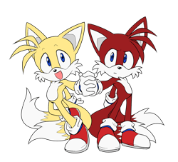 Size: 1100x1000 | Tagged: safe, artist:nannelflannel, miles "tails" prower, oc, oc:miles the counterpart, duo, every tail has two sides, evil vs good, fanfiction art, holding hands, simple background, transparent background
