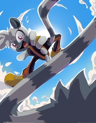 Size: 2500x3200 | Tagged: safe, artist:_karl0_, tangle the lemur, clouds, daytime, from below, leaping, solo, sun