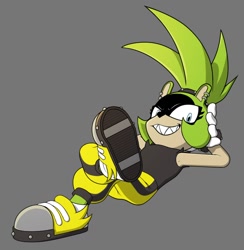 Size: 1056x1080 | Tagged: safe, artist:nudeknightart, surge the tenrec, looking at viewer, lying back, shoe design, solo