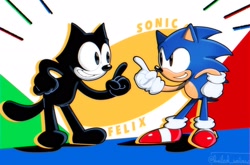 Size: 2048x1348 | Tagged: safe, artist:boiled walrus, sonic the hedgehog, felix the cat, looking at each other