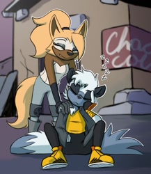 Size: 1280x1476 | Tagged: safe, artist:acesential, tangle the lemur, whisper the wolf, cityscape, duo, females only, lesbian, shipping, sleeping, tangle x whisper, tangle's running suit, zzz