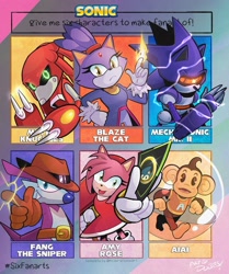 Size: 1600x1910 | Tagged: safe, artist:inkpants, amy rose, blaze the cat, mecha sonic, nack the weasel, sonic the hedgehog, aiai, amy's halterneck dress, black sclera, card, electricity, fire, group, metal knuckles, one fang, piko piko hammer, ring