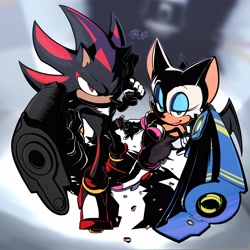 Size: 4000x4000 | Tagged: safe, artist:dreadish, rouge the bat, shadow the hedgehog, gun, rouge's heart top