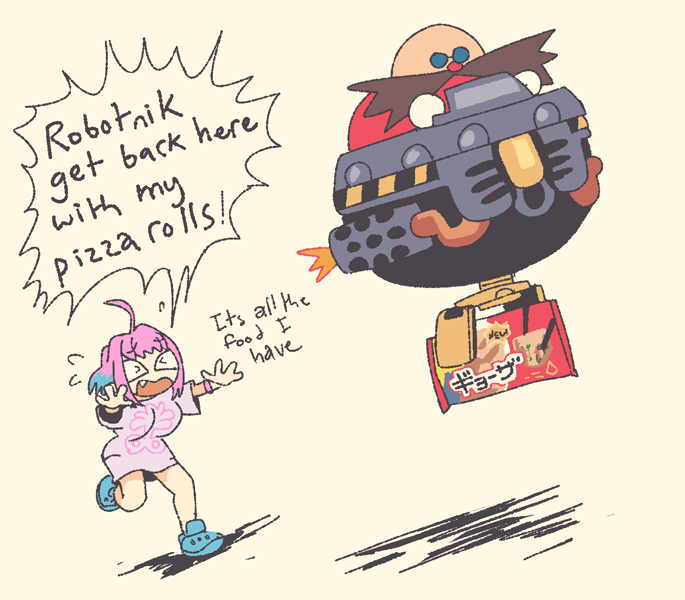 Size: 1429x1252 | Tagged: safe, artist:farfinfarfin, robotnik, crossover, dialogue, eggmobile, featured image, pizza rolls, pure unfiltered evil, riamu yumemi, simple background, the idolm@ster, yellow background