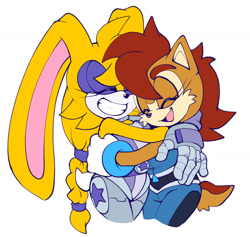 Size: 1351x1279 | Tagged: safe, artist:chaopixels, bunnie rabbot, sally acorn, hugging, laughing, redesign, simple background, white background
