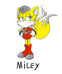 Size: 601x709 | Tagged: artist needed, source needed, safe, miles (anti-mobius), character name, english text, evil, gender swap, hands on hips, lidded eyes, red boots, simple background, solo, spiked bracelet, white background