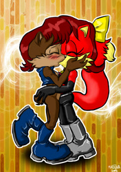 Size: 595x845 | Tagged: safe, artist:mad-ina, fiona fox, sally acorn, abstract background, blushing, duo, holding each other, kiss, lesbian, outline, saliona, shipping