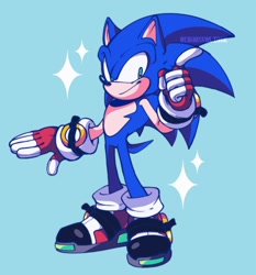 Size: 1485x1596 | Tagged: dead source, safe, artist:chaosvoltage, sonic the hedgehog, blue background, pointing, redesign, ring, simple background, sparkles, standing, top surgery scars