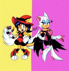 Size: 1819x1871 | Tagged: safe, artist:meelowsh1, honey the cat, rouge the bat, abstract background, alternate universe, duo, heart, redesign, v sign
