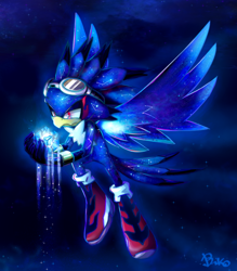 Size: 1060x1212 | Tagged: safe, artist:biko97, jet the hawk, abstract background, astral jet, glowing eyes, goggles, hawk, holding something, key to babylon garden, super form