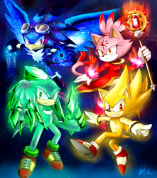 Size: 1244x1410 | Tagged: safe, artist:biko97, blaze the cat, burning blaze, jet the hawk, knuckles the echidna, sonic the hedgehog, super sonic, astral jet, chaos form, chaos knuckles, flapping wings, flying, goggles, space, staff, super form