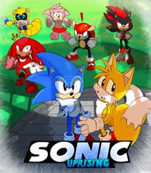Size: 2283x2621 | Tagged: safe, artist:john9fold, amy rose, knuckles the echidna, mighty the armadillo, miles "tails" prower, shadow the hedgehog, sonic the hedgehog, oc, oc:mecha ray, au:sonic uprising, death egg, exclamation mark, female, group, male