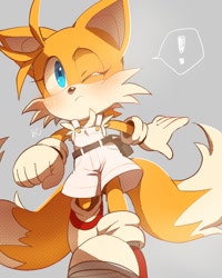 Size: 800x1000 | Tagged: safe, artist:misuta710, miles "tails" prower, fox, blushing, cute, exclamation mark, frown, gender swap, grey background, simple background, tailabetes, walking, wink