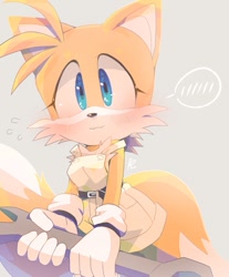 Size: 800x966 | Tagged: safe, artist:misuta710, miles "tails" prower, fox, :3, blushing, cute, gender swap, grey background, kneeling, simple background, solo, spanner, tailabetes