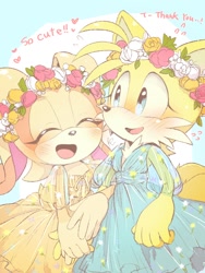 Size: 810x1080 | Tagged: safe, artist:misuta710, cream the rabbit, miles "tails" prower, fox, rabbit, abstract background, blushing, creamabetes, cute, dialogue, dress, duo, flower crown, flowers, gender swap, half r63 shipping, hearts, lesbian, shipping, tailabetes, taiream