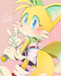 Size: 800x1000 | Tagged: safe, artist:misuta710, miles "tails" prower, belt, blushing, cute, gender swap, looking back, pink background, screwdriver, simple background, tailabetes, v sign