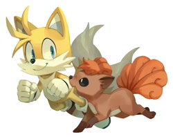 Size: 850x684 | Tagged: safe, artist:bluekomadori, miles "tails" prower, crossover, kitsune, looking at them, pokemon, running, simple background, vulpix, white background