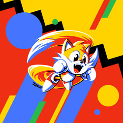 Size: 800x800 | Tagged: safe, artist:jmanvelez, miles "tails" prower, sonic mania, classic, classic style, classic tails, clenched fists, fangs, flying, solo, spinning tails