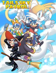 Size: 1024x1324 | Tagged: safe, artist:drawloverlala, bearenger the grizzly, carrotia the rabbit, falke wulf, miles "tails" prower, wendy naugus, alternate version, broom, clouds, evil, flying, pointing, ring, tails skypatrol, team witchcarter