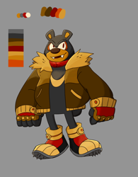 Size: 540x691 | Tagged: safe, artist:springbot, bearenger the grizzly, colours, evil, fangs, grey background, jacket, looking offscreen, male, redesign, simple background, solo, tails skypatrol