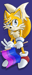 Size: 1096x2560 | Tagged: safe, artist:peda7, miles "tails" prower, bisexual pride, blue background, cute, flag, pride, simple background, solo, v sign