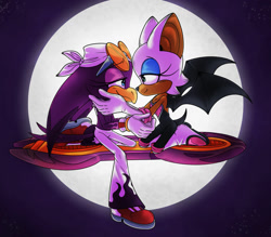 Size: 1280x1123 | Tagged: safe, artist:bumbleboo12, rouge the bat, wave the swallow, extreme gear, flying, holding each other, lesbian, lidded eyes, looking at each other, moon, shipping, wavouge
