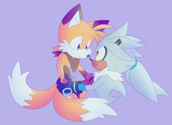 Size: 684x500 | Tagged: safe, artist:nannelflannel, miles "tails" prower, silver the hedgehog, aged up, bandana, brown tipped ears, gay, holding each other, looking at each other, purple background, shipping, silvails, simple background