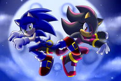 Size: 900x600 | Tagged: safe, artist:k3llywolfarts, shadow the hedgehog, sonic the hedgehog, oc, oc:kelly the hedgehog, sonic adventure 2, clouds, frown, gender swap, hair over one eye, headband, looking at viewer, moon, redraw, ring, signature