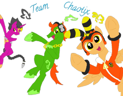 Size: 1024x794 | Tagged: safe, artist:spqr21, charmy bee, espio the chameleon, vector the crocodile, earth pony, pegasus, ponified, simple background, species swap, team chaotix, transparent background, trio, unicorn