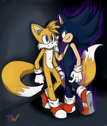 Size: 2047x2401 | Tagged: safe, artist:tanyawind, miles "tails" prower, sonic the hedgehog, dark form, dark sonic, duo, evil, evil vs good, gay, looking at each other, shipping, signature, sonic x tails, stroking