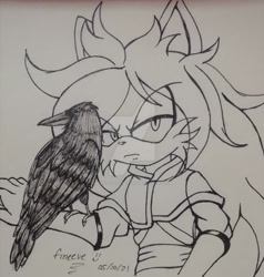 Size: 1280x1345 | Tagged: safe, artist:silveralchemist09, miles "tails" prower, oc, oc:dark tails, bird, frown, inktober, lidded eyes, literal animal, long hair, raven, signature, solo, traditional media, watermark