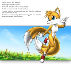 Size: 842x757 | Tagged: artist needed, source needed, safe, miles "tails" prower, sonic the hedgehog 2, emerald hill, english text, gender swap, looking offscreen, solo, v sign