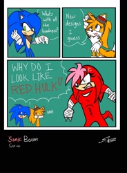 Size: 1579x2150 | Tagged: artist needed, source needed, safe, knuckles the echidna, miles "tails" prower, sonic the hedgehog, bandana, comic, dialogue, gender swap, goggles, hair over one eye, signature, sonic boom (tv), speech bubble, team sonic, team sonica
