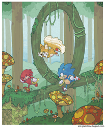 Size: 1000x1213 | Tagged: safe, artist:erin gladstone, knuckles the echidna, miles "tails" prower, sonic the hedgehog, flying, mushroom, mushroom hill, ring, running, sonic the hedgehog 3, spinning tails, vines